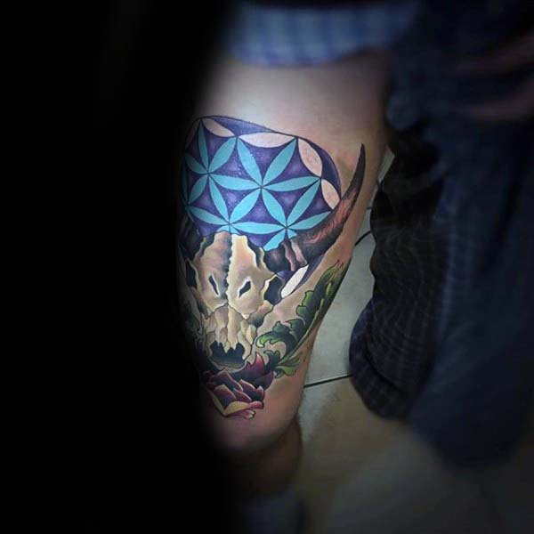 Flower Of Life Bull Skull Thigh Guys Tattoos