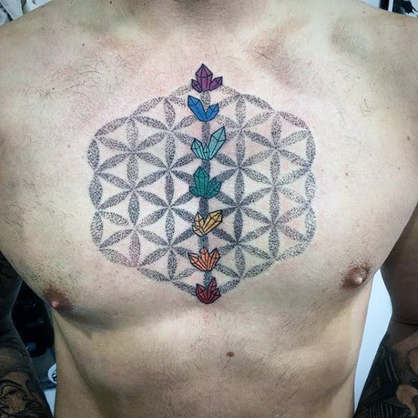 Flower Of Life Geometric Crystal Pattern Male Upper Chest Tattoo Designs