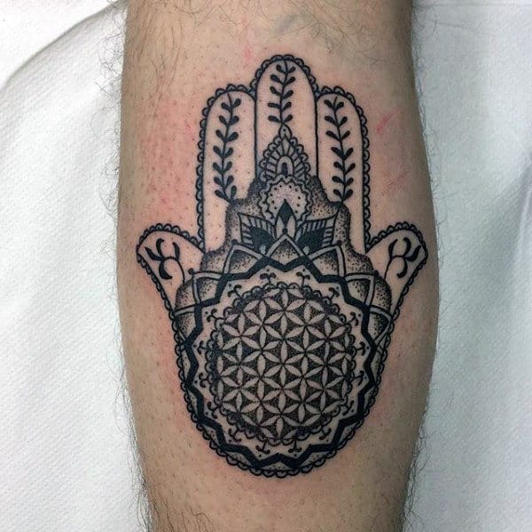Flower Of Life Male Hamsa Leg Calf Tattoos