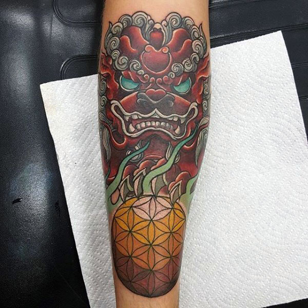 Flower Of Life Mens Red Ink Foo Dog Forearm Tattoos