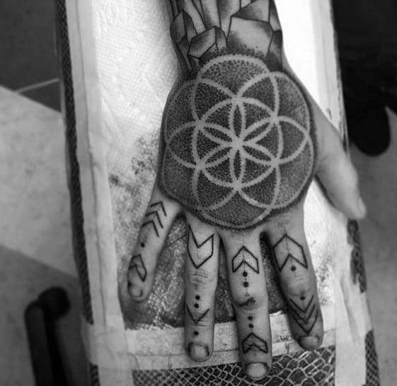 Flower Of Life Negative Space Dotwork Creative Geometric Hand Tattoos For Men