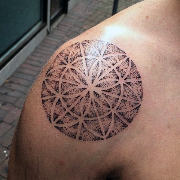 Flower Of Life Simple Star Geometric Dotwork Guys Shoulder Tattoo
