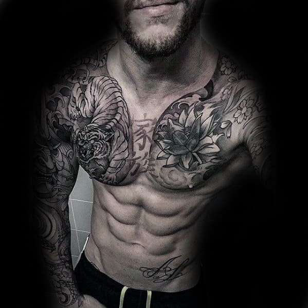 Flower Tiger Japanese Male Chest Tattoo Designs
