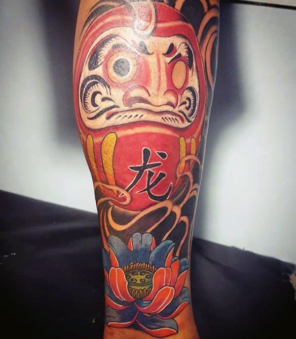 Flower With Daruma Doll Mens Forearm Sleeve Tattoos
