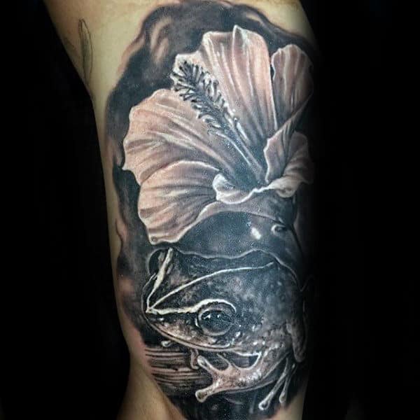 Flower With Frog Guys Shaded White Ink Arm Tattoos
