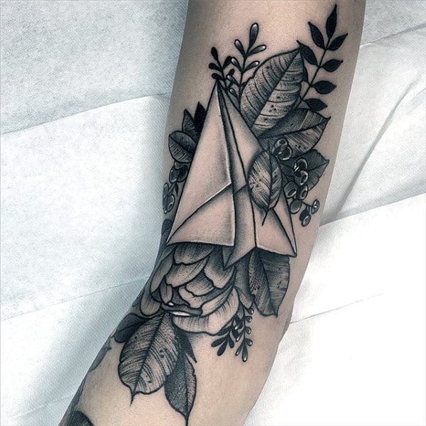 Flower With Leaves Paper Airplane Mens Forearm Tattoo