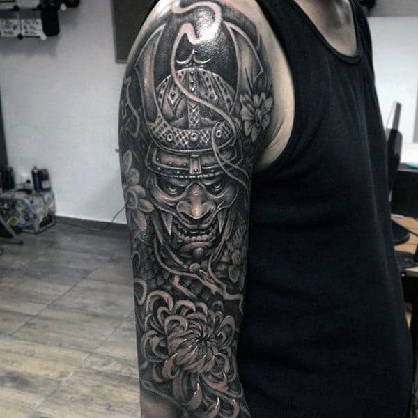 Flower With Samurai Helmet Mens Half Sleeve Shaded Tattoos