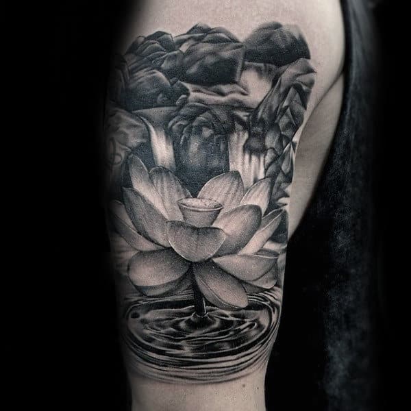 Flower With Water Splashing Waterfall Mens Upper Arm Tattoo