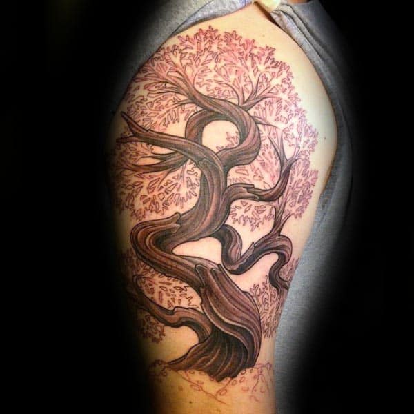 Flowering Cherry Bonsai Tree Upper Arm Tattoos For Males