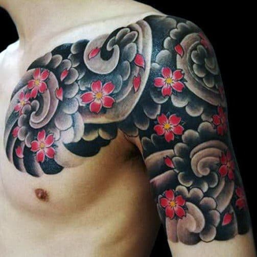 Flowers Blowing In Wind Japanese Cloud Mens Chest And Half Sleeve Tattoo