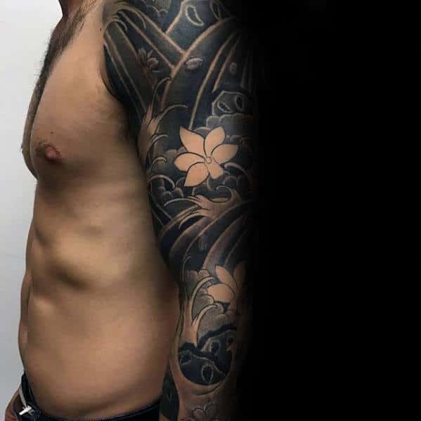 Flowers In Waves Japanese Male Sleeve Tattoo