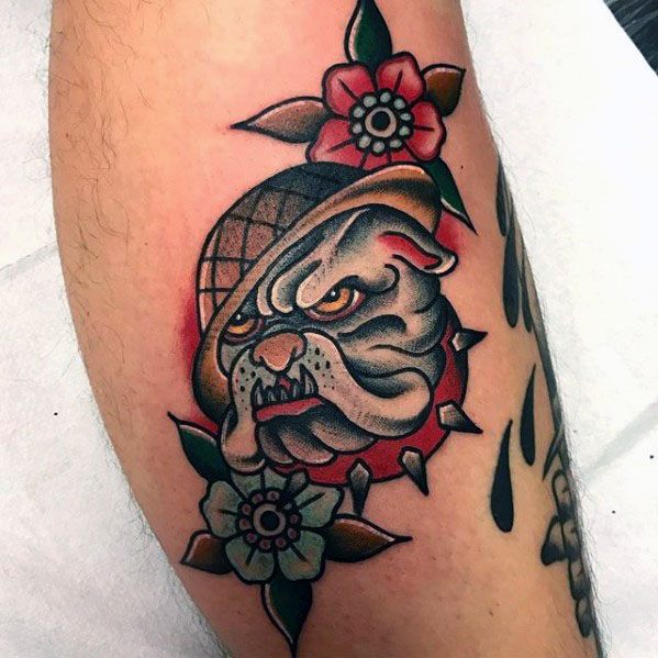 Flowers With Bulldog Masculine Guys Leg Tattoos