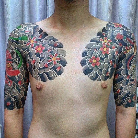 Flowers With Clouds Guys Japanese Half Sleeve And Chest Tattoos