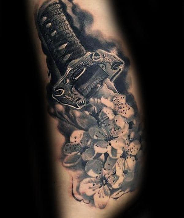 Flowers With Katana Mens 3d Realistic Tattoos On Arm