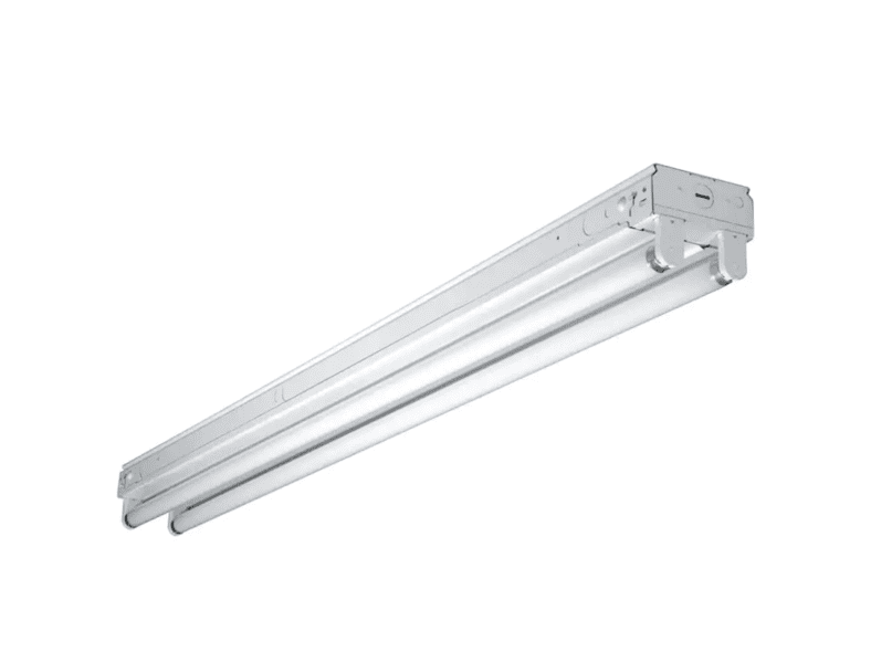 Two-tube fluorescent strip light with a sleek white metal housing.
