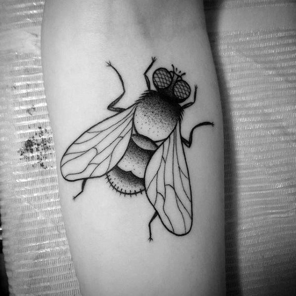 Clean black ink fly tattoo with fine dot shading and crisp linework, positioned neatly on the forearm for a minimalist look.