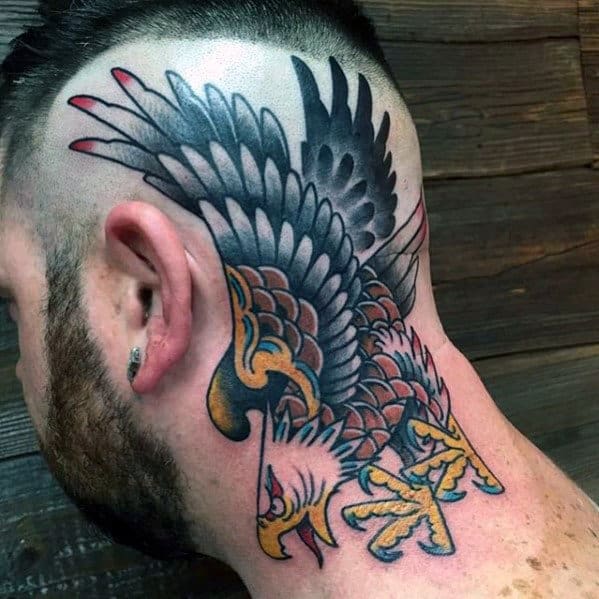 Flying Bald Eagle Old School Traditional Neck Tattoo On Male