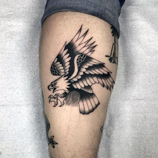 Flying Bald Eagle Simple Traditional Guys Leg Tattoos