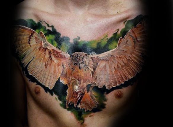 Flying Barn Owl Realistic Upper Chest Tattoos For Guys