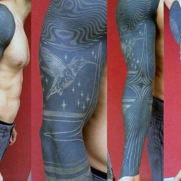 Flying Bird Full White Ink Blackwork Mens Sleeve Tattoo