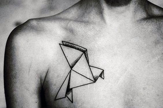 Flying Bird Origami Guys Upper Chest Tattoo Design Ideas
