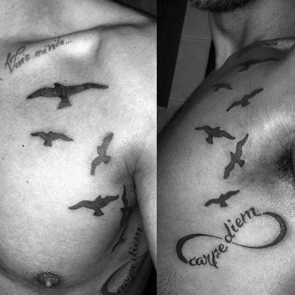 Flying Birds Carpe Diem Infinity Loop Male Chest Tattoo