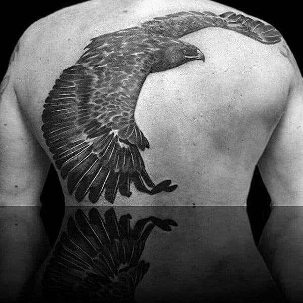 Flying Black And Grey Ink Shaded Eagle Male Back Tattoos