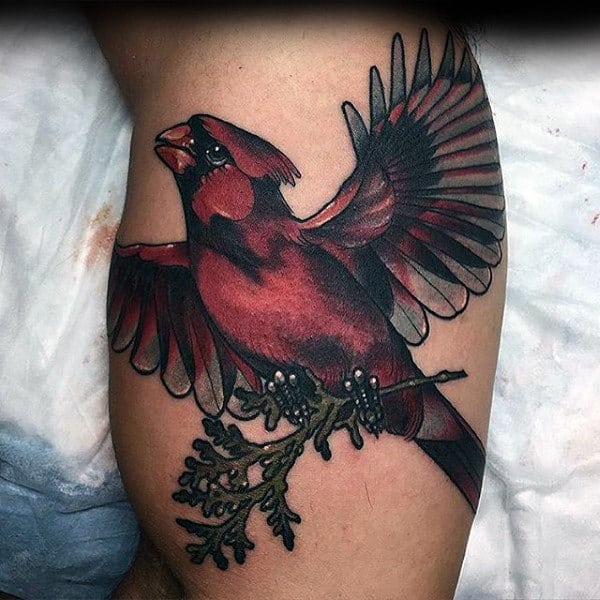 Flying Cardinal Mens Neo Traditional Leg Calf Tattoos