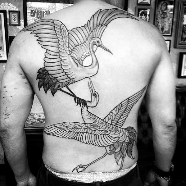Flying Crane Birds Back Tattoos For Men