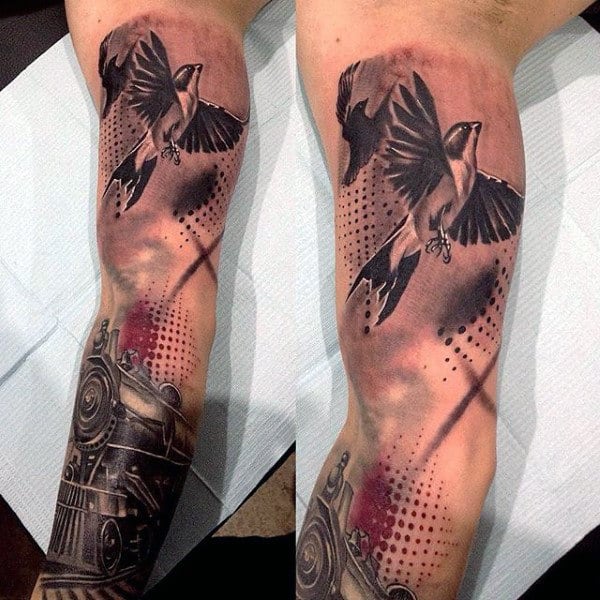 Flying Dove Trash Polka Tattoo With Train On Male