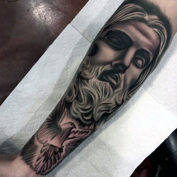 Flying Dove With Jesus Religious Male Forearm Tattoos
