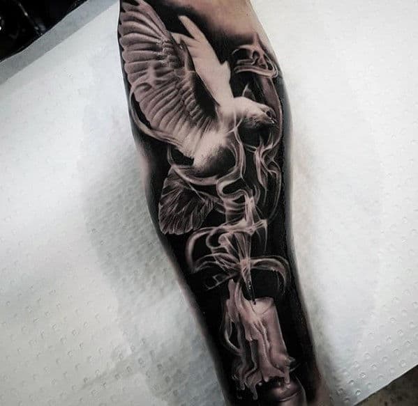 Flying Dove With Smoking Candle Different Mens Sleeve Tattoo