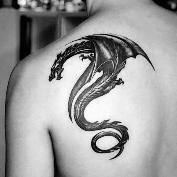 Flying Dragon Male Back Of Shoulder Tattoo Designs