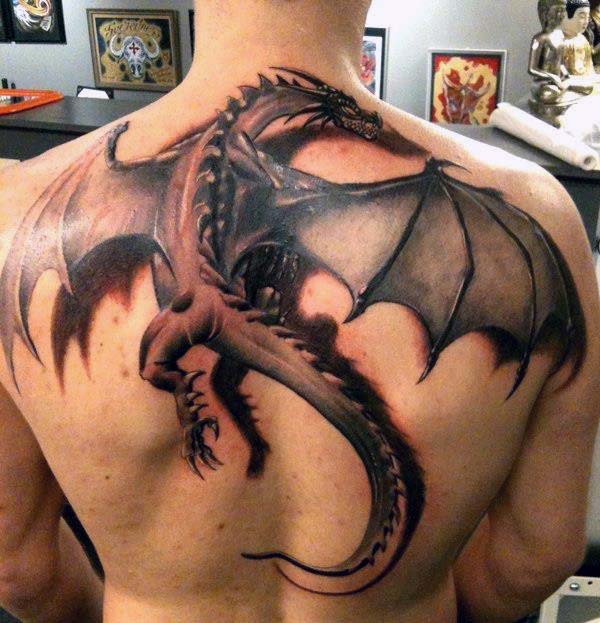 Flying Dragon Mens Upper Back 3d Tattoo With Shadow Design