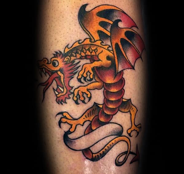 Flying Dragon Small Mens Leg Tattoo