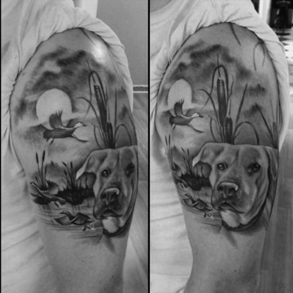 Flying Duck And Dog Shaded Black And White Bicep Tattoo For Guys