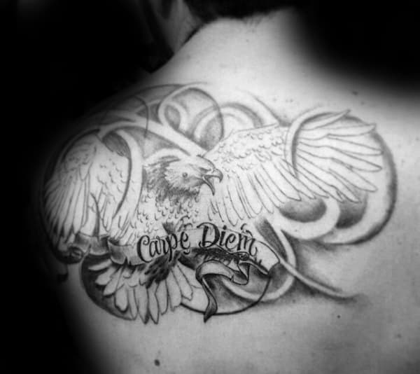Flying Eagle Carpe Diem Scroll Mens Back Tattoos