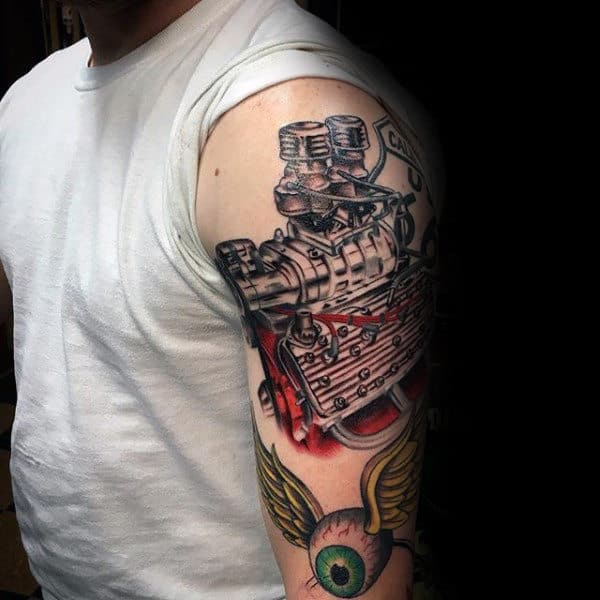Flying Eyeball And Engine Tattoo Mens Arms