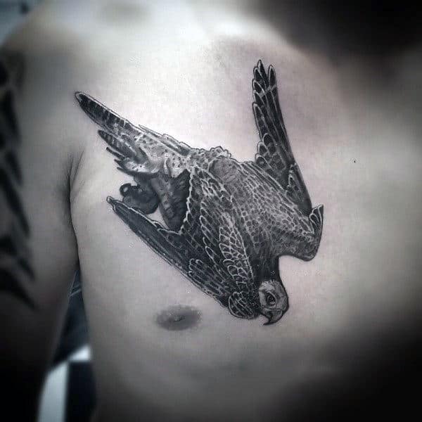 Flying Falcon Mens Shaded Ink Upper Chest Tattoo Design Ideas