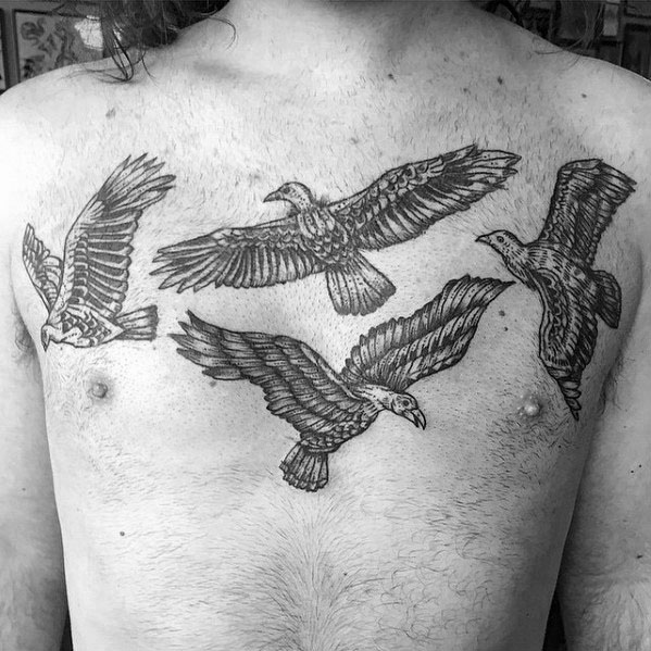 Flying Four Vultures Mens Upper Chest Tattoos