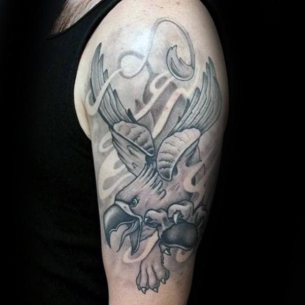 Flying Light Grey Ink Griffin Shaded Mens Arm Tattoo Design