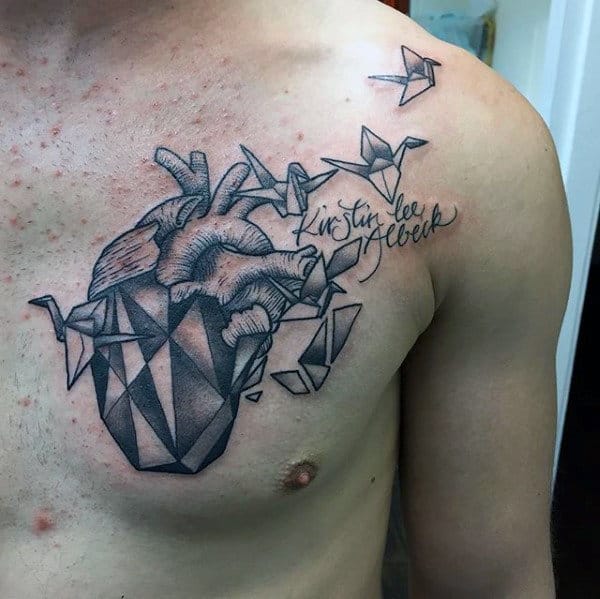 Flying Orgami Birds Geometric Heart Mens Chest Tattoo Ideas