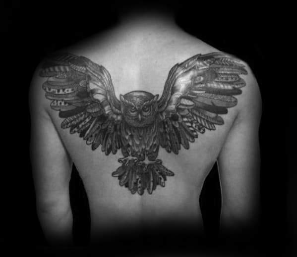 Flying Owl Feathers Guys Cool Upper Back Tattoo Design Ideas