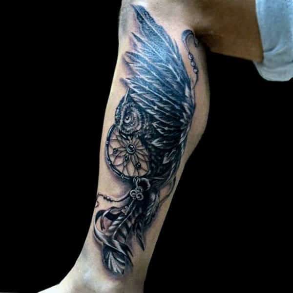 Flying Owl Guys Leg Tattoo Of Dreamcatcher