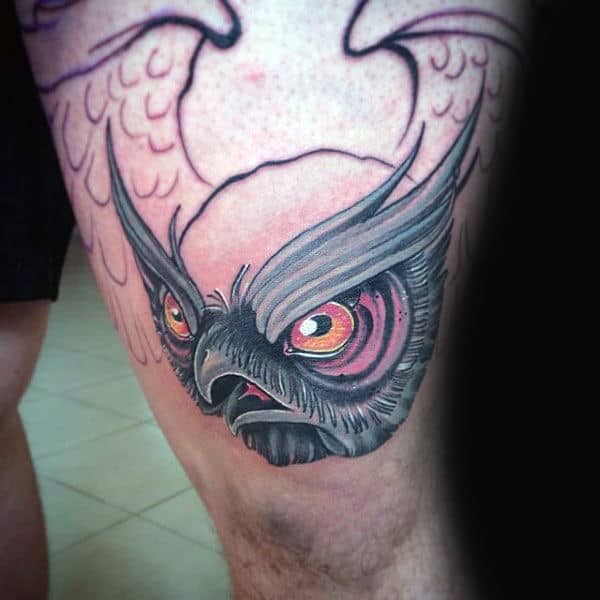 Flying Owl Mens Knee Tattoo New School Ideas