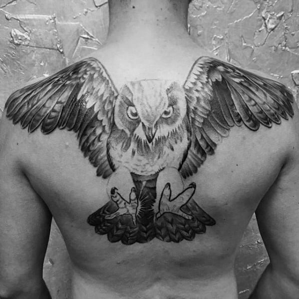 Flying Owl Upper Back Tattoo Designs For Men
