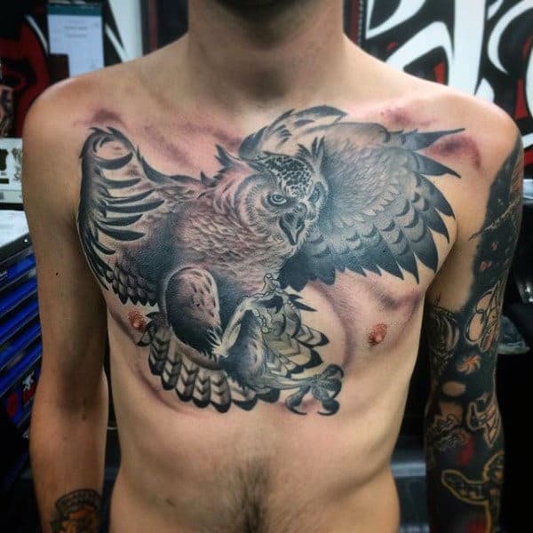Flying Owl Upper Chest Guys Tattoos