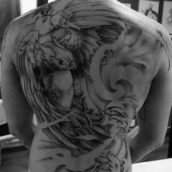 Flying Phoenix Mens Shaded Back Tattoo