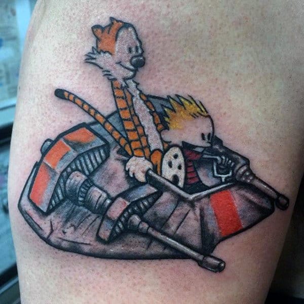 Flying Spaceship Calvin And Hobbes Guys Arm Tattoos
