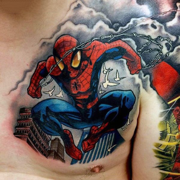 Flying Spiderman Tattoo Male Chest